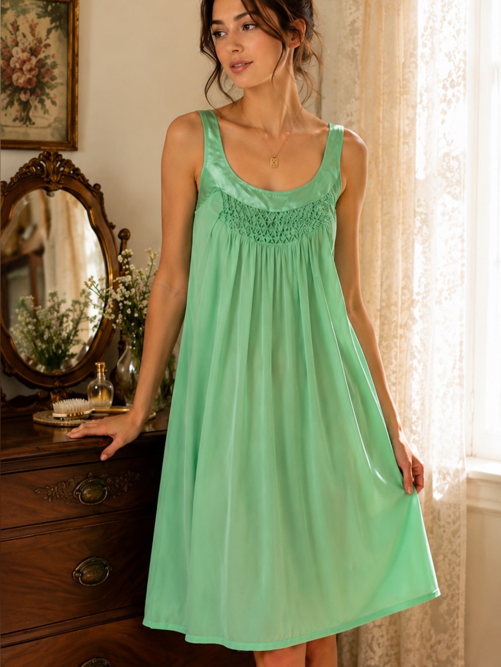 Vintage Sears Seafoam Green Slip Dress Nightgown Pin Tuck Smocked Nylon S